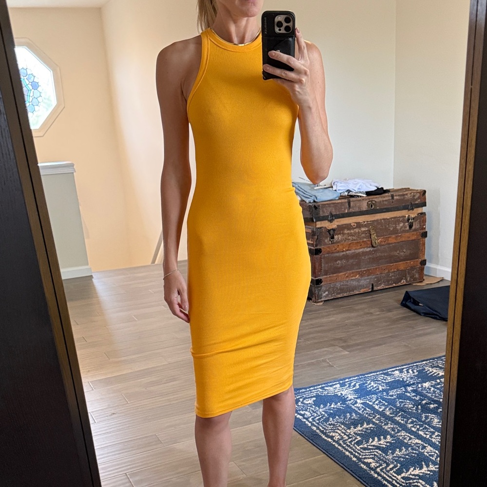 Zara Ribbed Midi Dress in Mustard Yellow